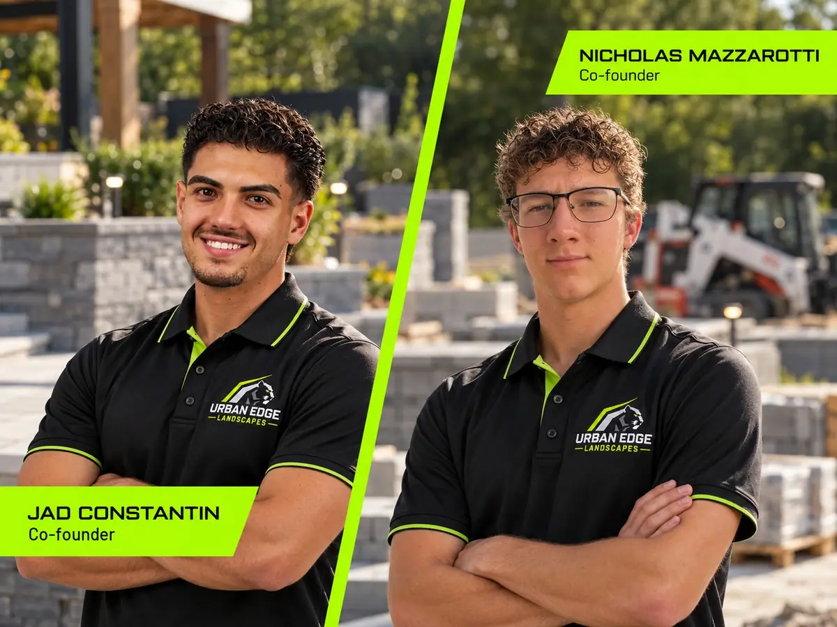 Jad Constantin and Nicholas Mazzarotti, co-founders of Urban Edge Landscapes, on a paver job site