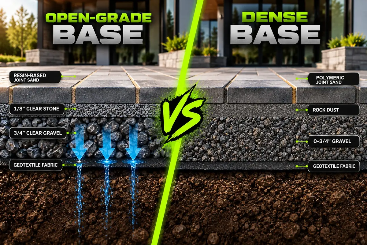 Cross-section comparison: open-graded base with resin joint sand, 1/8 in clear stone, 3/4 in clear gravel and geotextile draining water into the soil, versus a dense base with polymeric joint sand, rock dust and 0-3/4 in gravel
