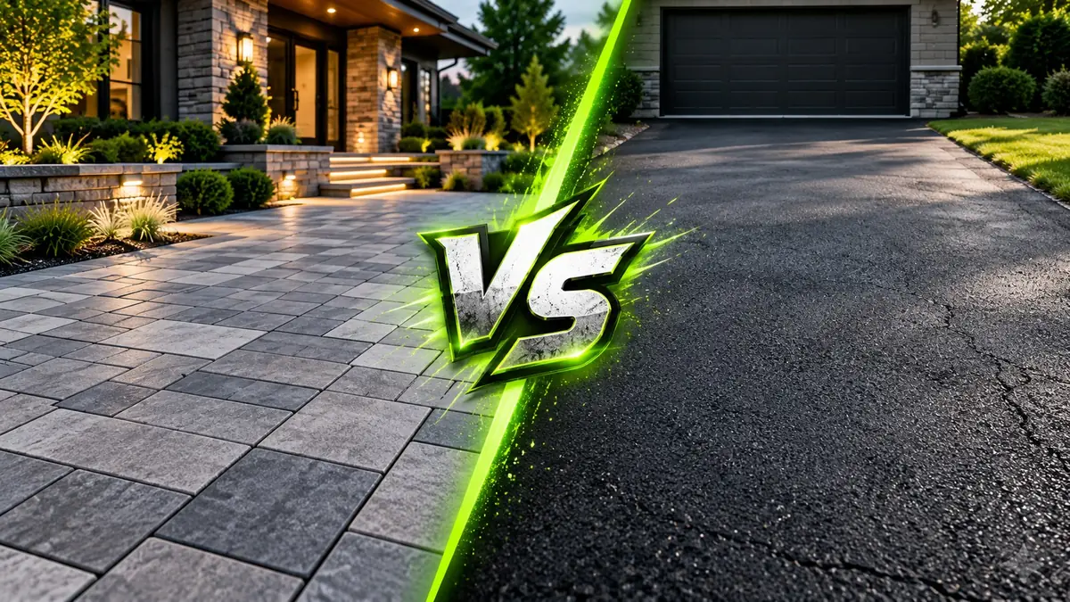 Side-by-side comparison: modern grey paver driveway with landscape lighting versus a cracked black asphalt driveway