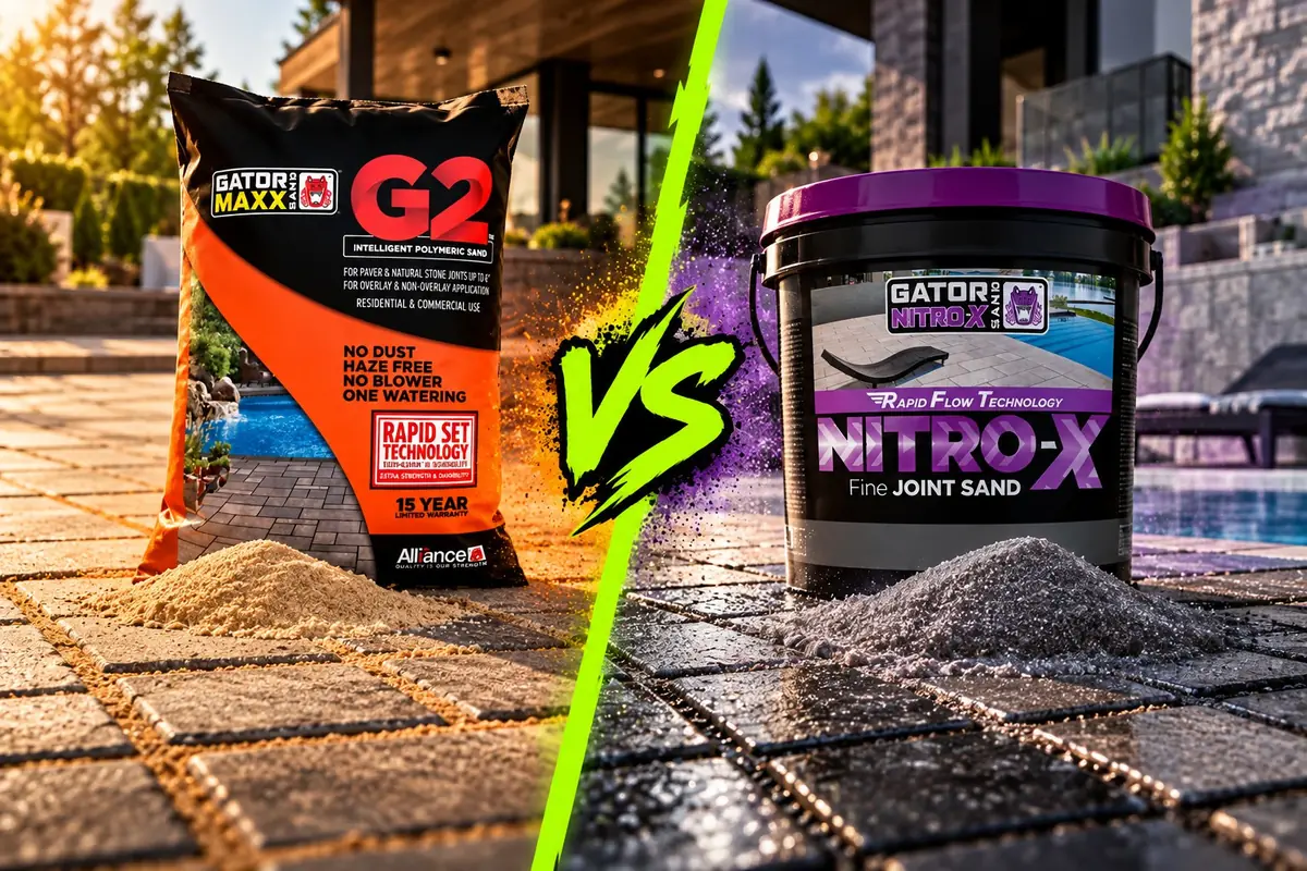 Side-by-side comparison of Alliance Gator polymeric sand and Alliance Gator resin-based joint sand on a paver patio