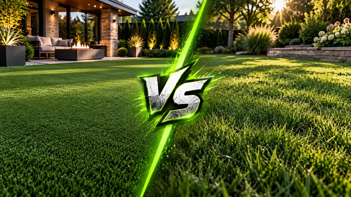Side-by-side comparison: artificial turf in a modern backyard versus a natural grass lawn