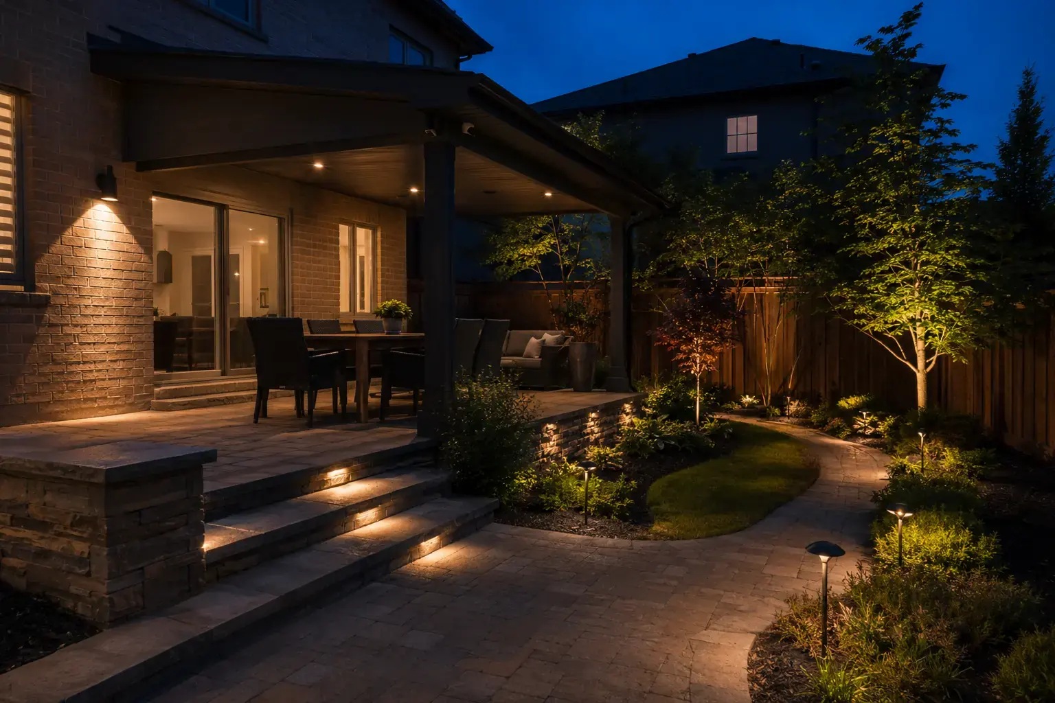 Backyard at night with LED step lights, wall lights and path lights along a paver walkway