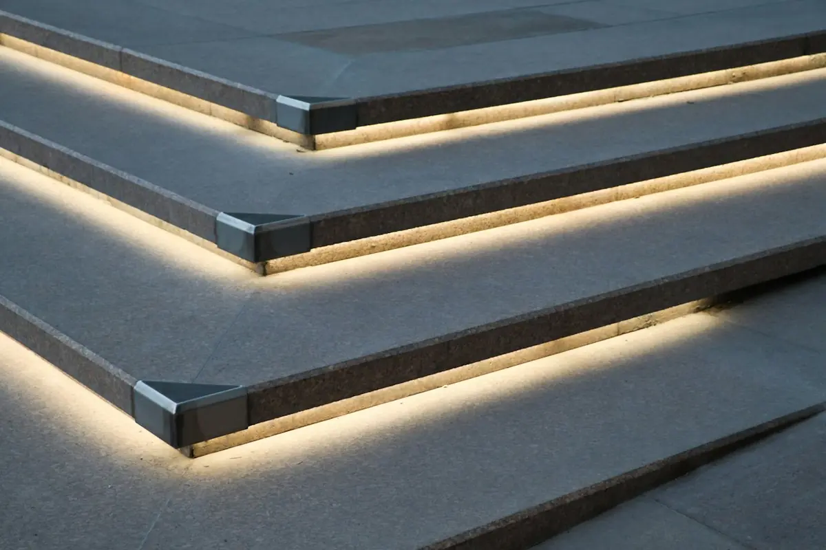 Modern stone steps with LED lights built into each step